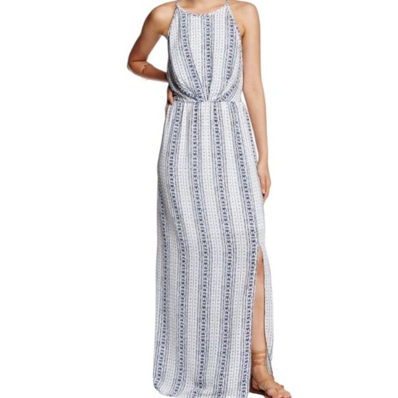 Daniel Rainn Dress Maxi High Neck Thin Straps Slit Chiffon Navy White Lined M - Picture 1 of 11